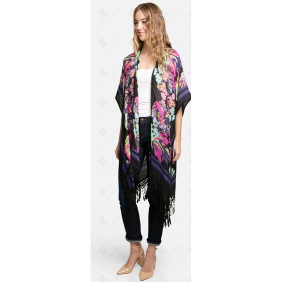 Comfyluxe Boho Whimsy Floral Crocheted Detailing Tassels Long Kimono Onesize NWT - Picture 3 of 15
